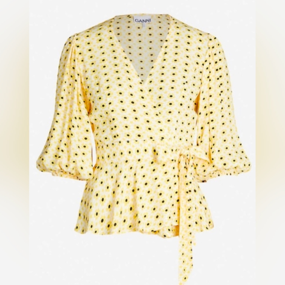 Ganni Floral Print Wrap Blouse In Yellow 36